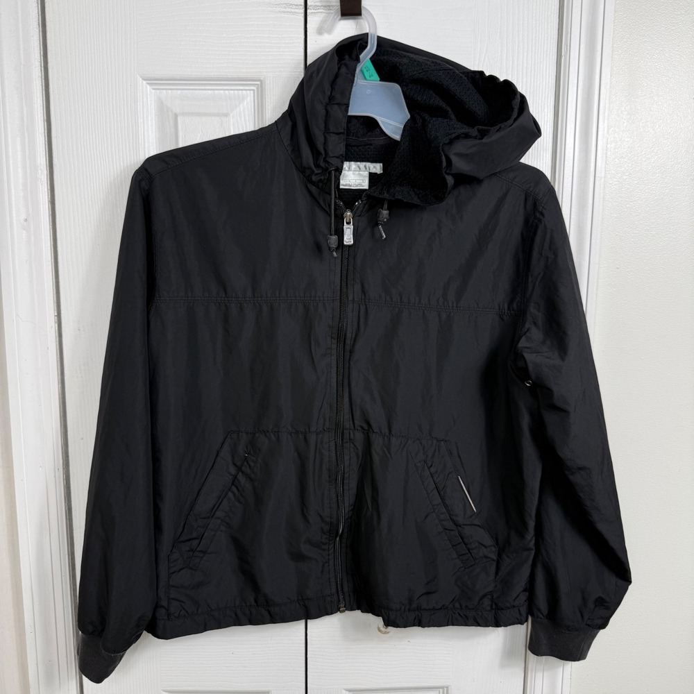 Vintage Nike Women's Large 12-14 Black Hooded Windbreaker Jacket Y2K Swoosh